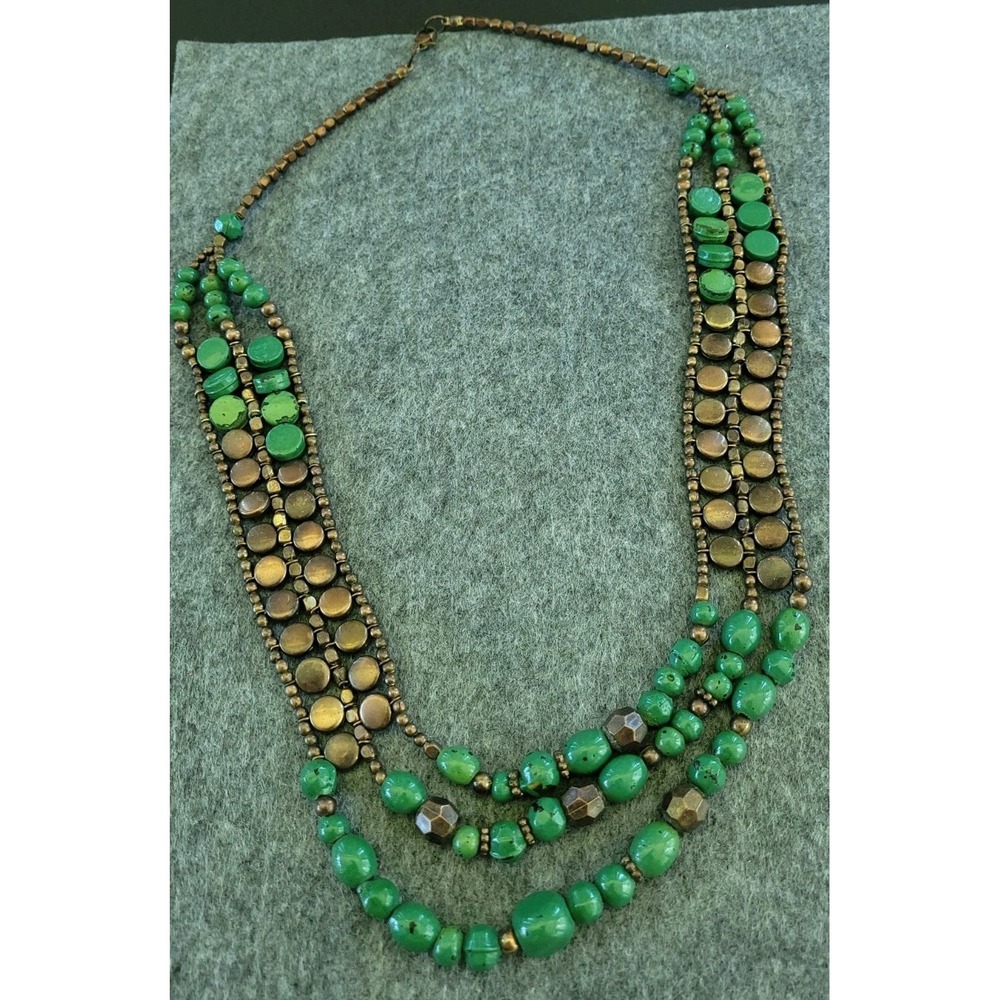 Green Multi Strand Statement Necklace Antique Brass Beads Boho 23in 94g Chunky